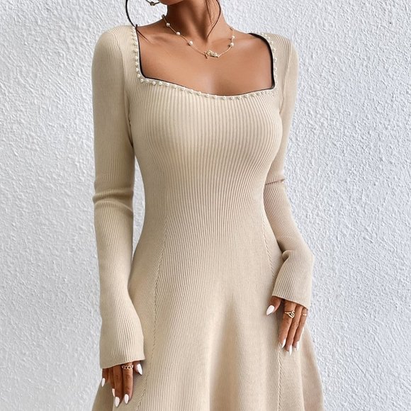 Apricot Preppy Womens Sweetheart Neck Ribbed Knit Sweater Dress - Picture 5 of 5